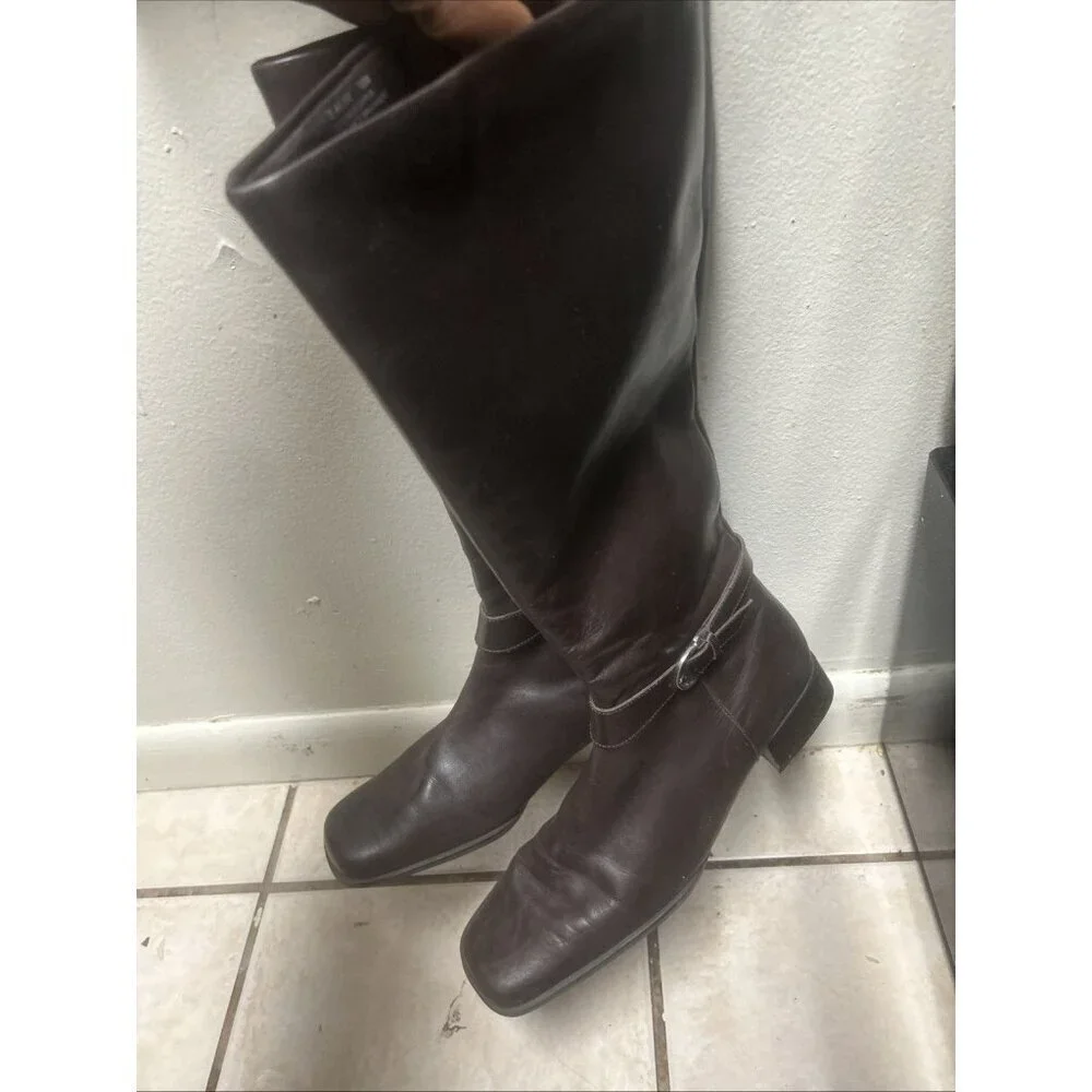 Etienne Aigner Brown Leather Knee-High Boots Square Toe Women's 10m